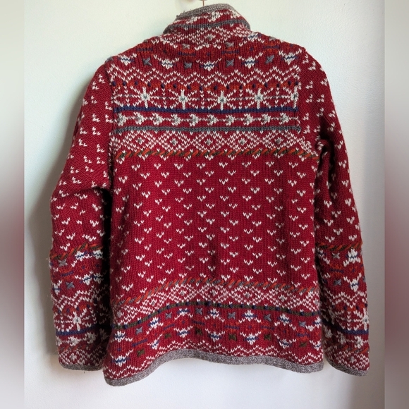 LAUNDROMAT Red White Handmade Fair Isles Lined Wool Knit Zip Up Cardigan Medium - Picture 16 of 16